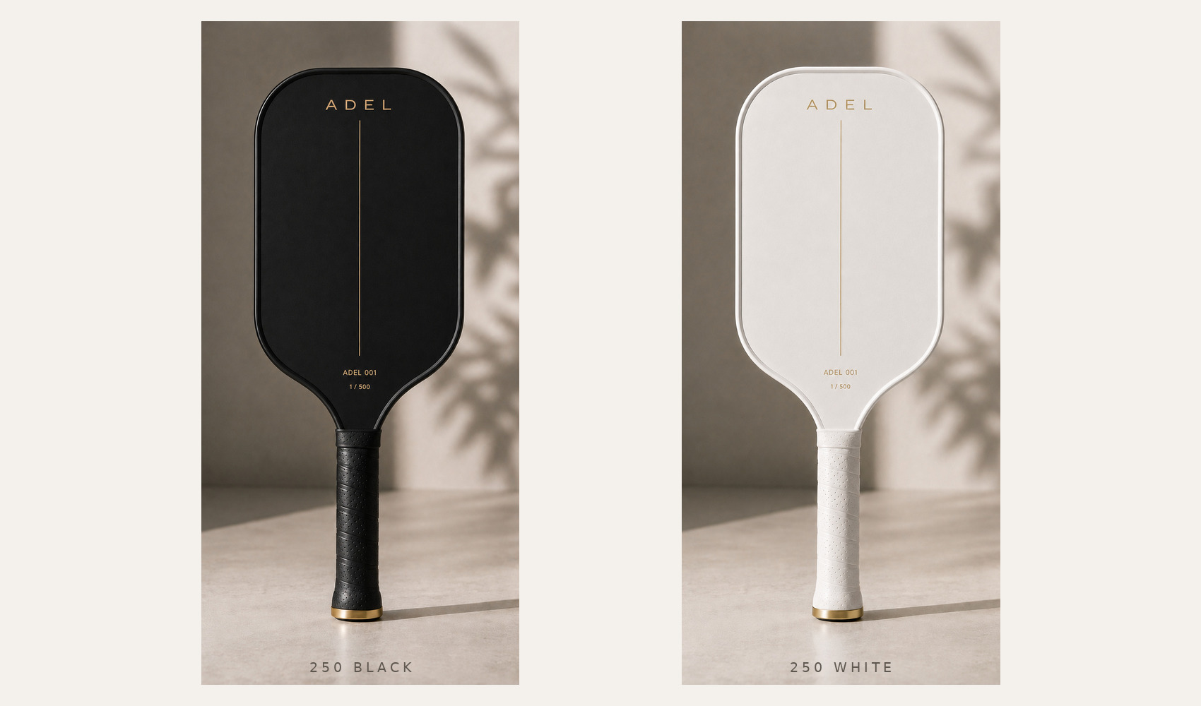 Both ADEL 001 colourways — 250 black and 250 white, 500 units total